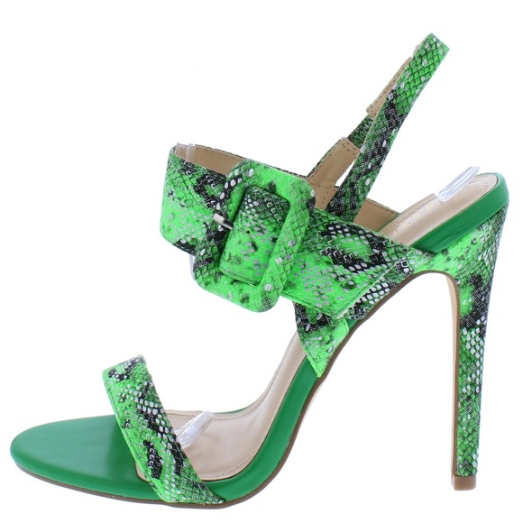 Neón Green Snakeskin Cut Out High Heel Ankle Strap Sandals - Picture 1 of 2